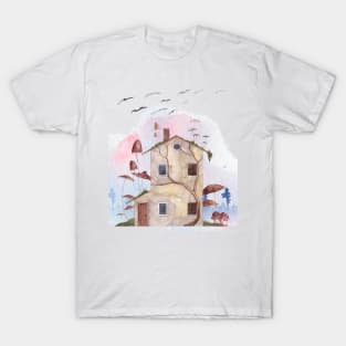 Cute House and Giant Mushrooms Fantasy Illustration T-Shirt